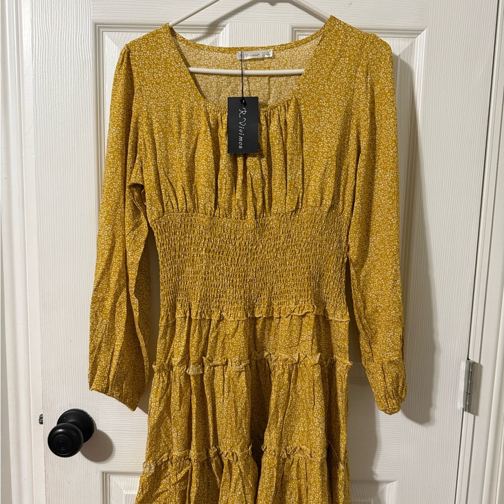 R.Vivimos Yellow Smocked Tiered Sundress with Bishop Sleeves
